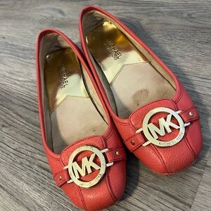 Michael Kors Coral Leather Logo Ballet Flats with Gold MK Emblem